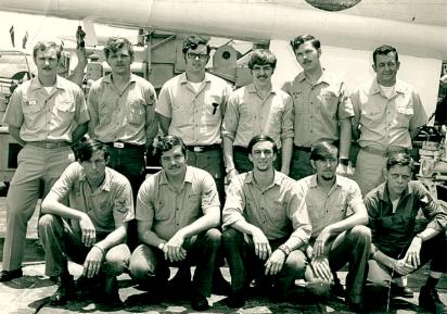 Mike Dunlap (2nd from right, bottom row) with the RVAH 7 aviation electricians on board the Kitty Hawk June 29th 1972