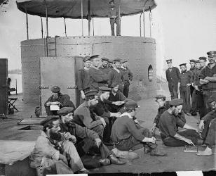 Officers and men on the deck of the USS Monitor on the James River, Va. on July 9 1862